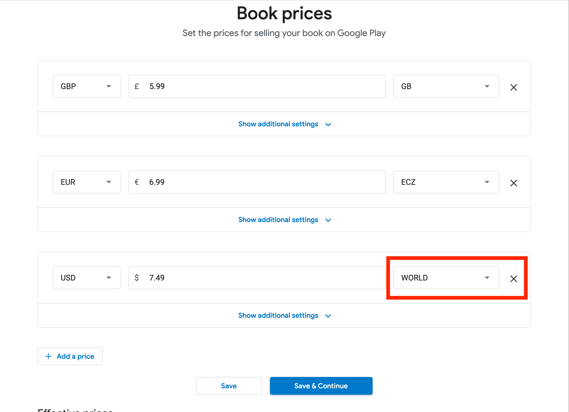 Regional price settings